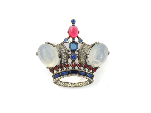 Sterling crown brooch with moonstone cabochons and red and white gemstone rhinestones