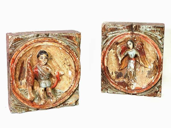 A PAir of Polychrome Carved Wood Panels