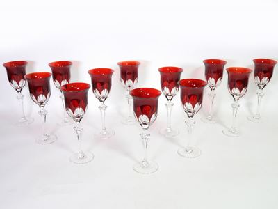 Serie di Dodici Calici in Cristallo Incolore e Rosso