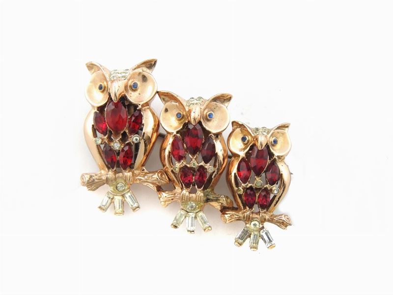 Spilla Animalier Coro Craft Triplet in Metallo Sterling e Strass