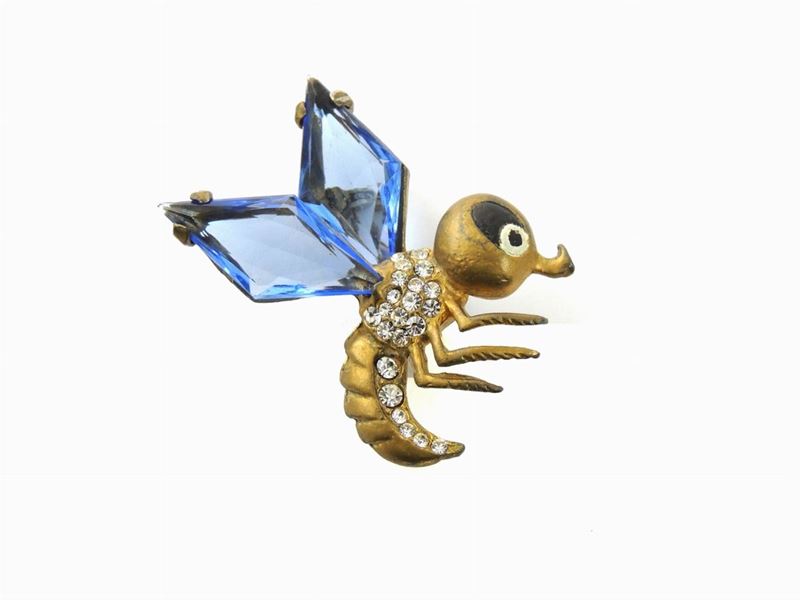 Spilla Animalier in Metallo Dorato, Smalto, Strass e Cristalli, Probabilmente H. Pomerantz Ny