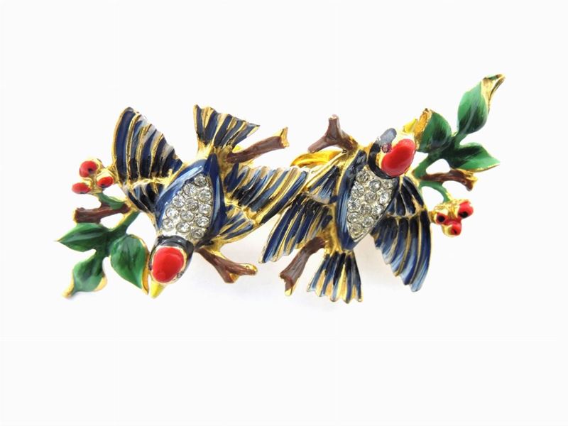 Spilla Animalier in Metallo Sterling, Smalto e Strass, Coro Craft Duette