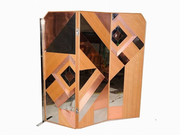 A Modern Wooden and Metal Three Fold Screen