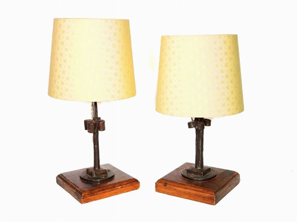 Two Wooden and Wrought Iron Table Lamps