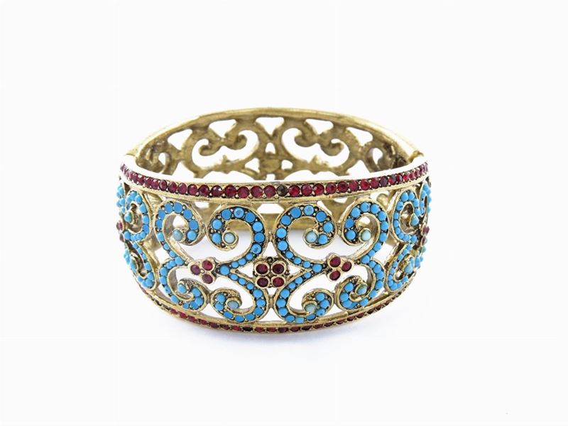 Bracciale Rigido in Metallo Dorato, Vetro e Strass, Kenneth Jay Lane