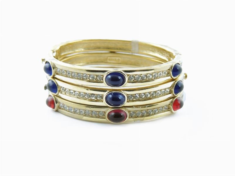 Tre Bracciali Rigidi in Metallo Dorato, Vetro e Strass, Ciner
