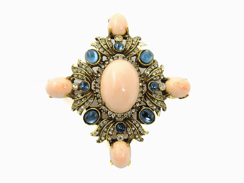 Spilla in Metallo Dorato, Strass e Vetro