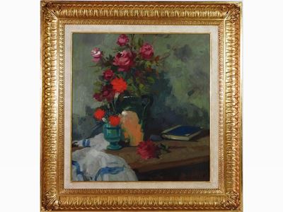 Natura Morta con Vaso di Fiori e Libro