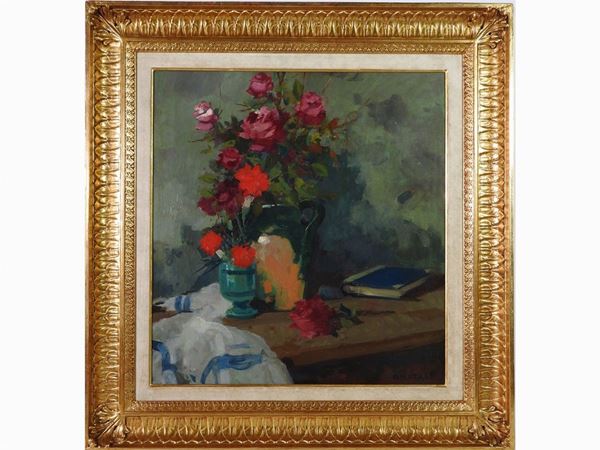 Renato Natali : Still Life with Flowers in a Vase and Book  ((1883-1979))  - Auction Modern and Contemporary Art - III - Maison Bibelot - Casa d'Aste Firenze - Milano