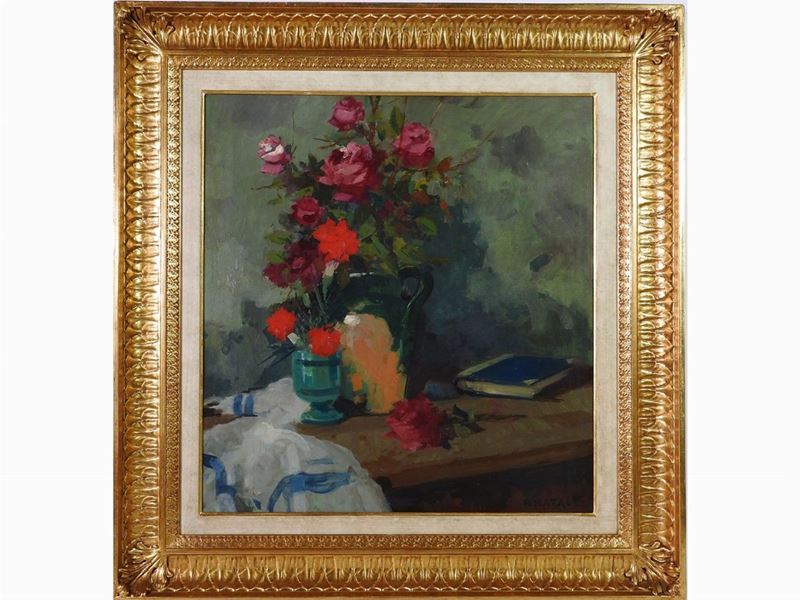 Renato Natali - Natura Morta con Vaso di Fiori e Libro