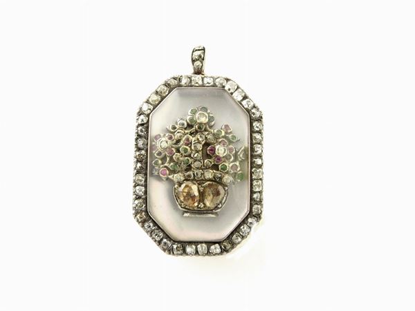 Pink gold and silver pendant brooch with diamonds, rubies, sapphires, emeralds and mother-of-pearl