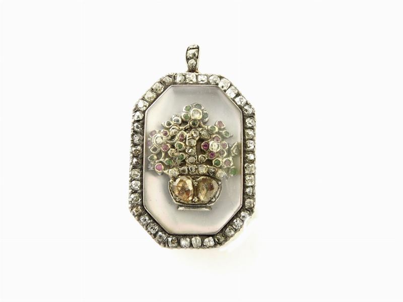 Spilla Pendente in Oro Rosa, Argento, Diamanti, Rubini, Zaffiri, Smeraldi e Madreperla