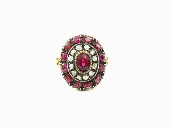 Yellow gold and silver daisy ring with diamonds and rubies