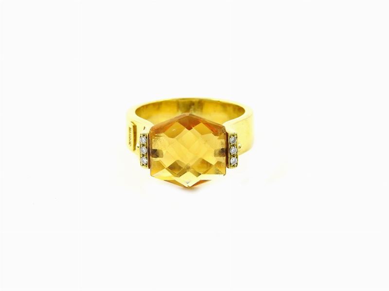Anello in Oro Giallo, Diamanti e Quarzo Citrino
