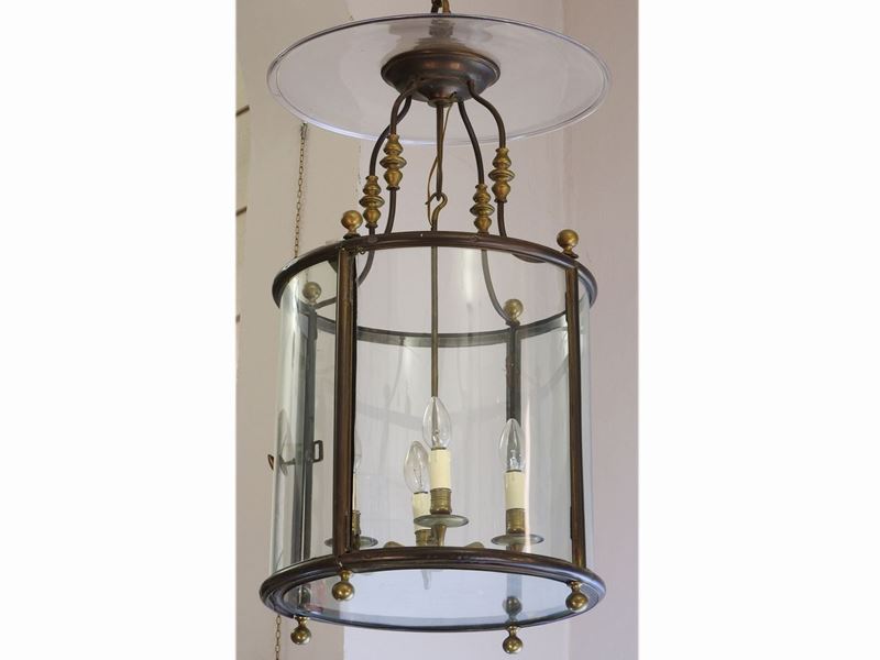 Lampadario a Lanterna in Ottone e Vetro Soffiato