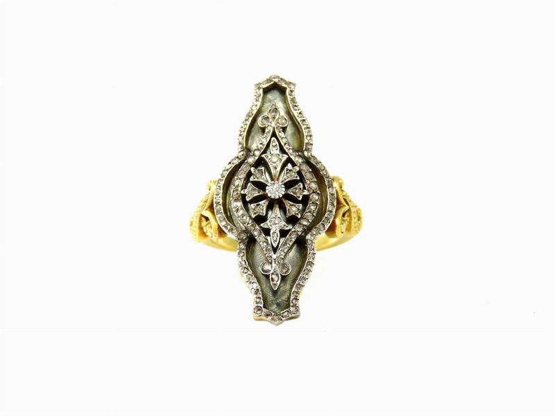 Anello in Oro Giallo e Platino, Diamanti e Smalti