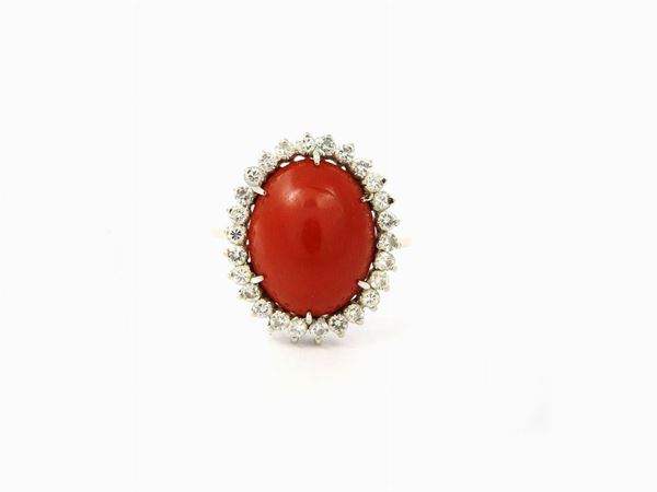 White gold daisy ring with diamonds and Moro coral