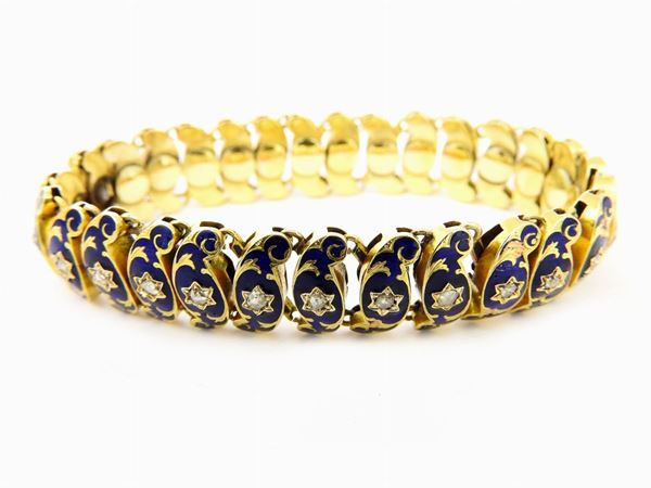 Yellow gold stretchable bracelet with enamel and diamonds