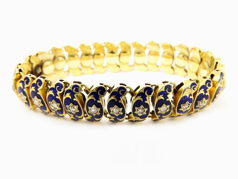Bracciale Elastico in Oro Giallo, Smalto e Diamanti