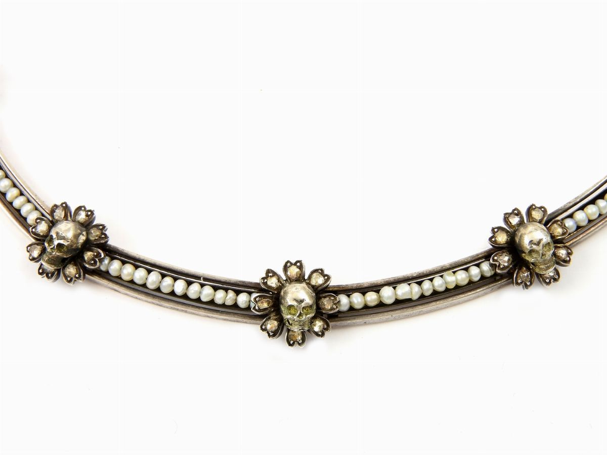 Collier in Oro Giallo, Argento, Diamanti e Perle Probabilmente Naturali