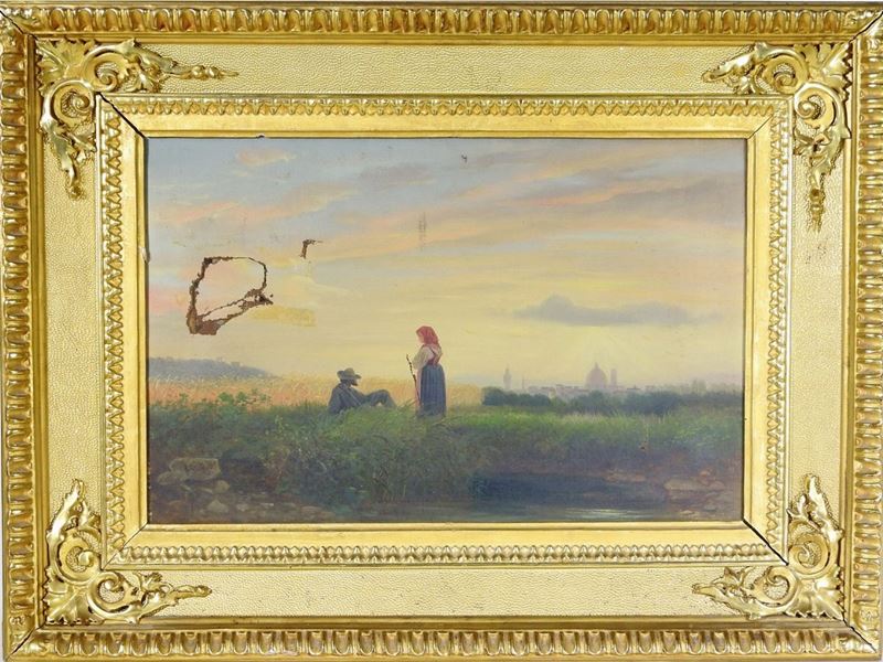 Lorenzo Gelati - Paesaggio Campestre con Figure e Veduta di Firenze sullo Sfondo