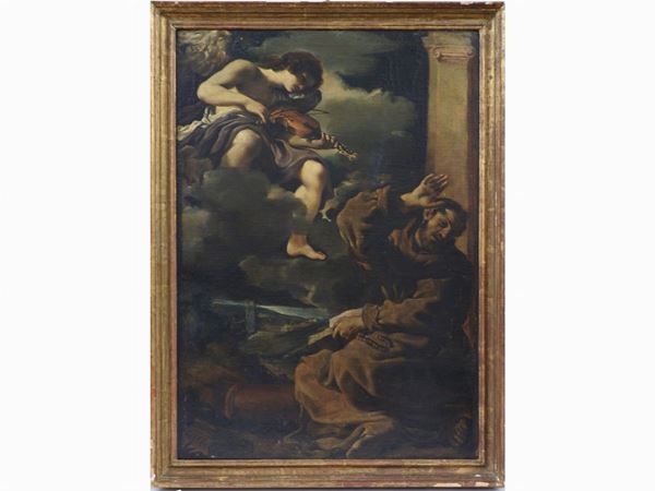 Bottega di Giovanni Barbieri detto Guercino - Saint Francis Consoled by an Angel Musician
