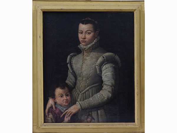 Cerchia di Alessandro Allori - Ritratto di dama con bambino e cardellino