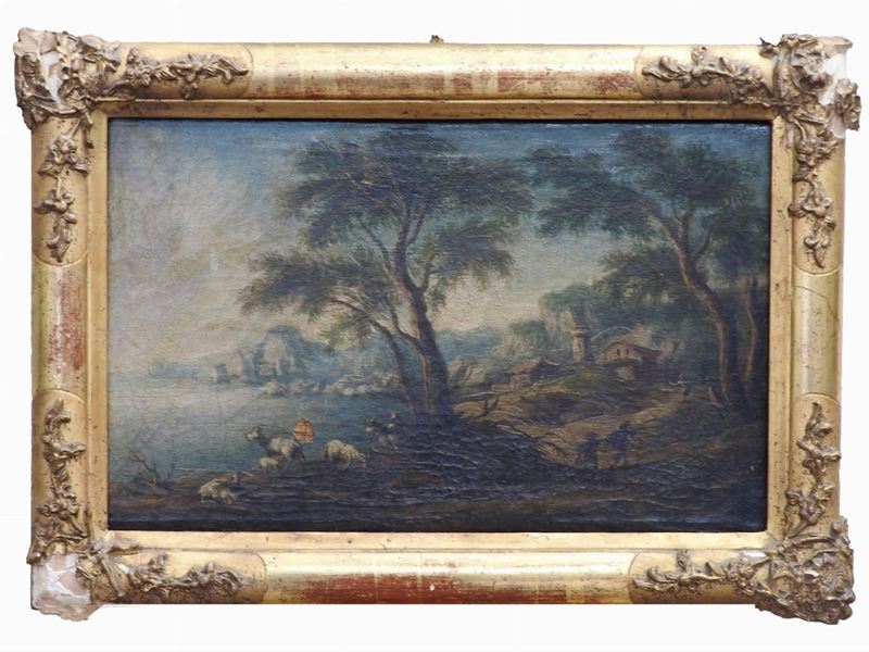 Scuola Francese del XVIII/XIX Secolo - Paesaggio con Capre e Paesaggio Marino con Barche