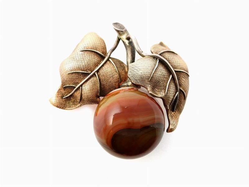 Spilla in Oro Giallo e Argento con Grande Sfera in Agata Policroma