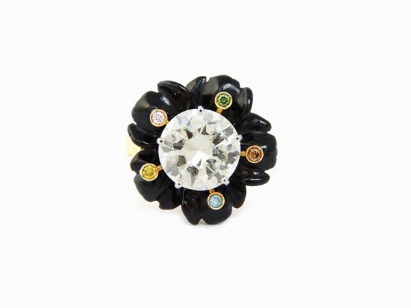Yellow gold De Angeli ring with diamonds and onyx