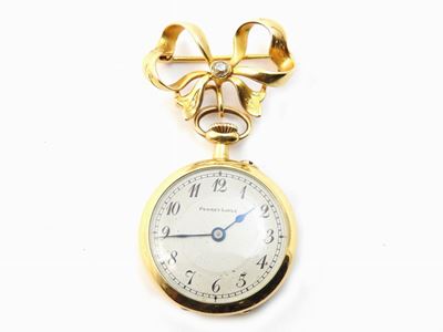 Spilla a Fiocco in Oro Giallo con Diamante e Pendente Orologio Perret Locle