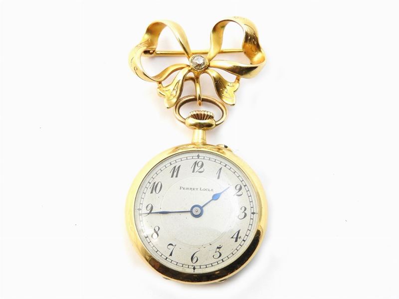Spilla a Fiocco in Oro Giallo con Diamante e Pendente Orologio Perret Locle