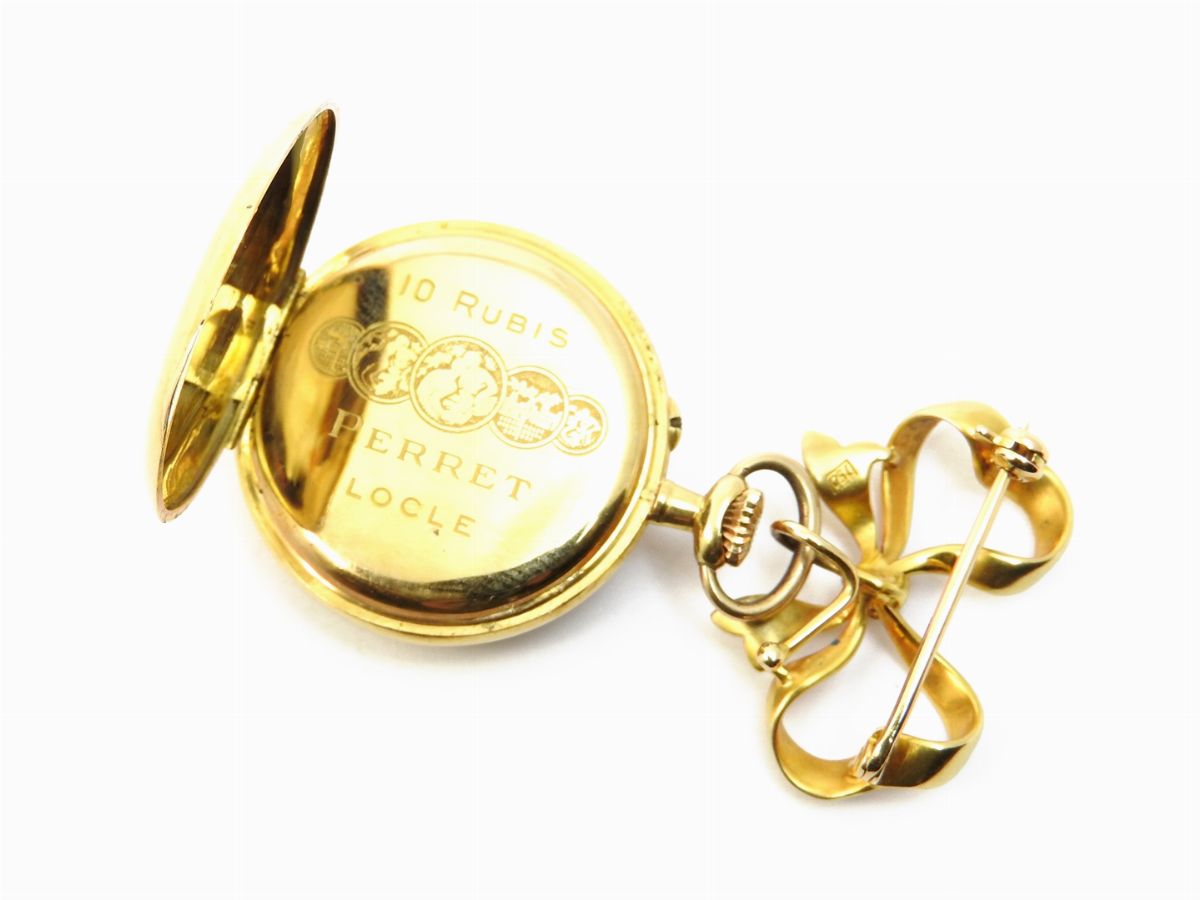 Spilla a Fiocco in Oro Giallo con Diamante e Pendente Orologio Perret Locle