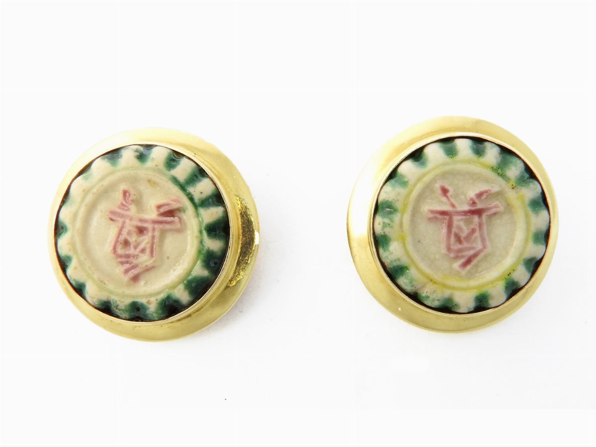 Demi Parure Bracciale Rigido e Orecchini in Oro Giallo e Monete Cinesi in Ceramica