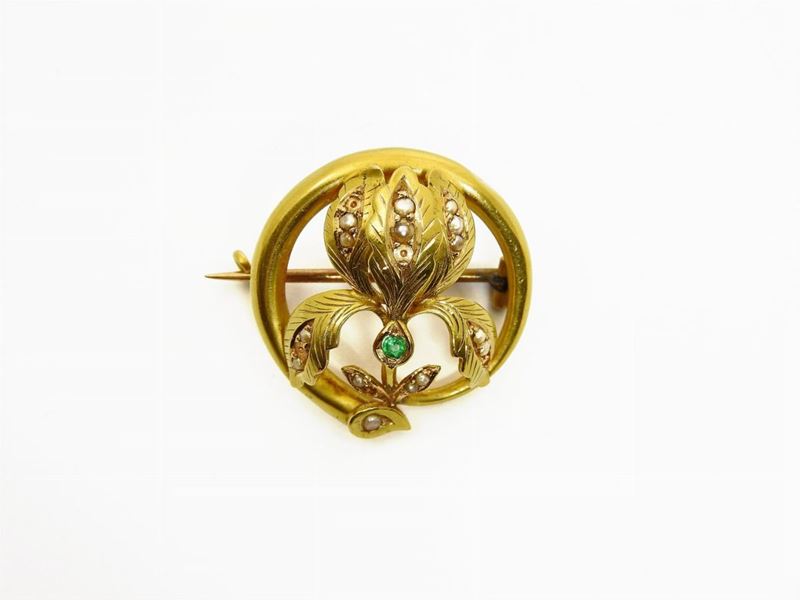 Spilla Pendente Liberty in Oro Giallo, Mezze Perle e Pietra Verde