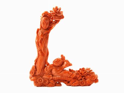Scultura Cinese in Corallo Rosso Arancio
