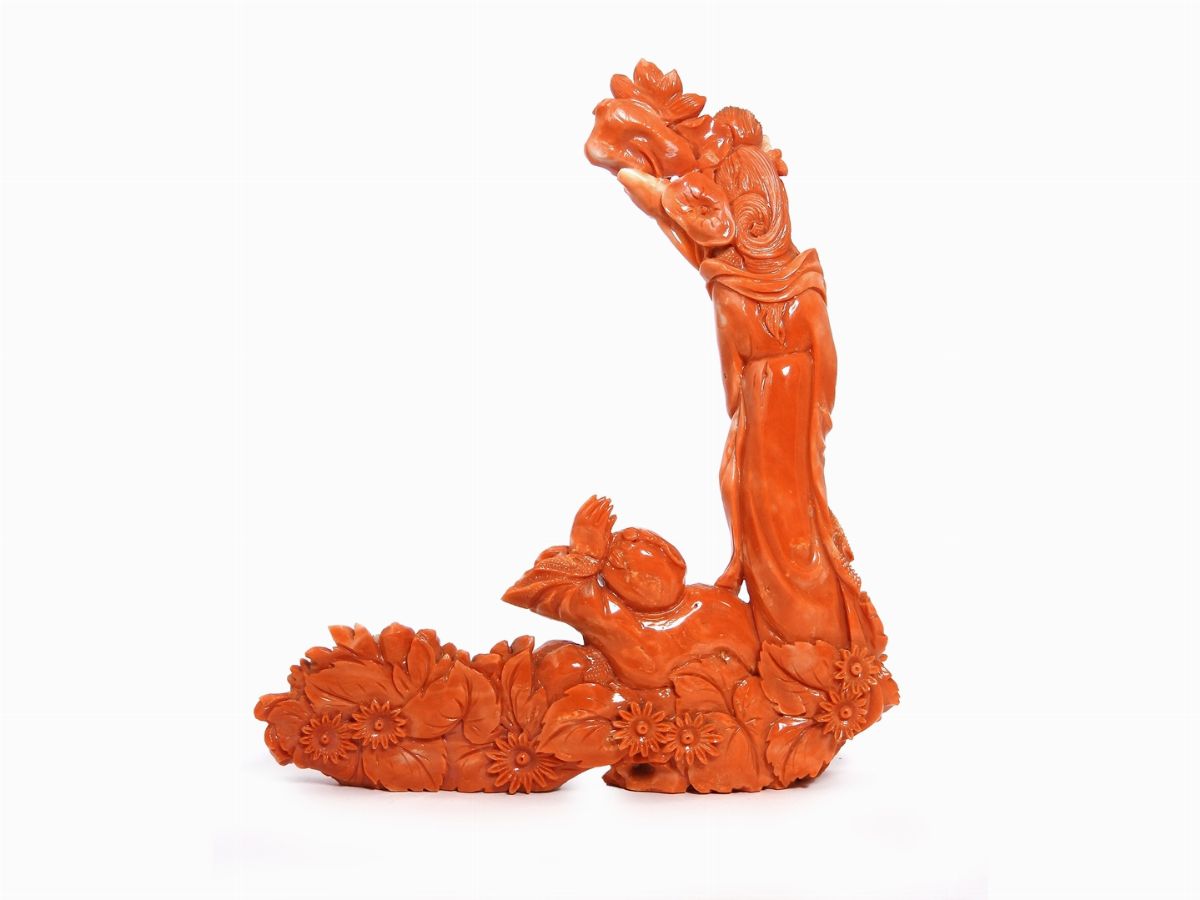 Scultura Cinese in Corallo Rosso Arancio