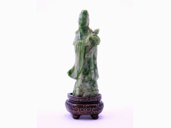 Carved white green jadeite with wooden base