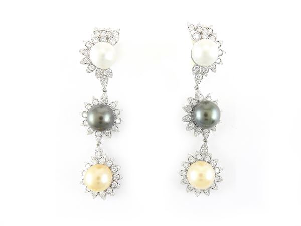 White gold pendant earrings with diamonds and South Sea pearls in various colors