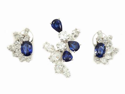 Demi Parure Cusi Spilla ed Orecchini in Platino, Diamanti e Zaffiri