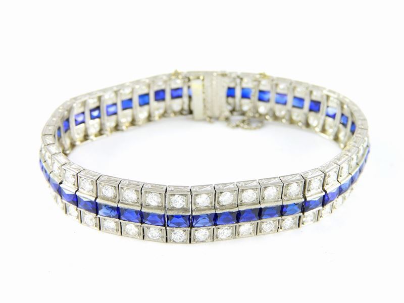 Bracciale in Oro Bianco, Diamanti e Pietre Blu