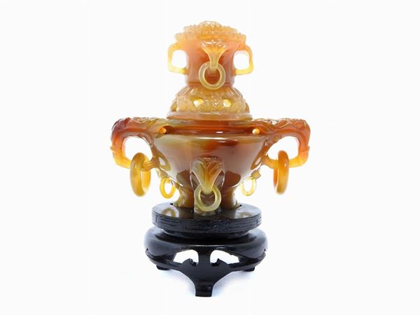 Two agate Chinese sculptures with wooden base