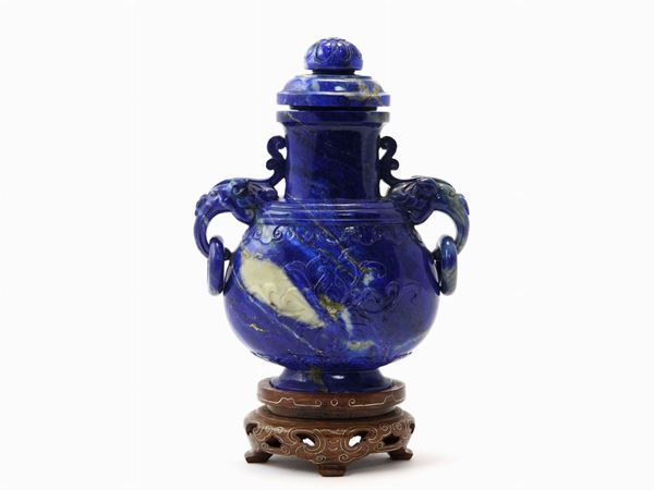 Lapis lazuli Chinese sculpture with wooden base