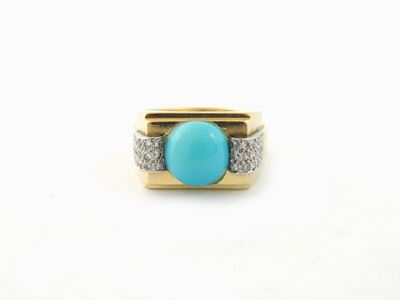 Anello a Fascia in Oro Giallo con Turchese e Piccoli Diamanti