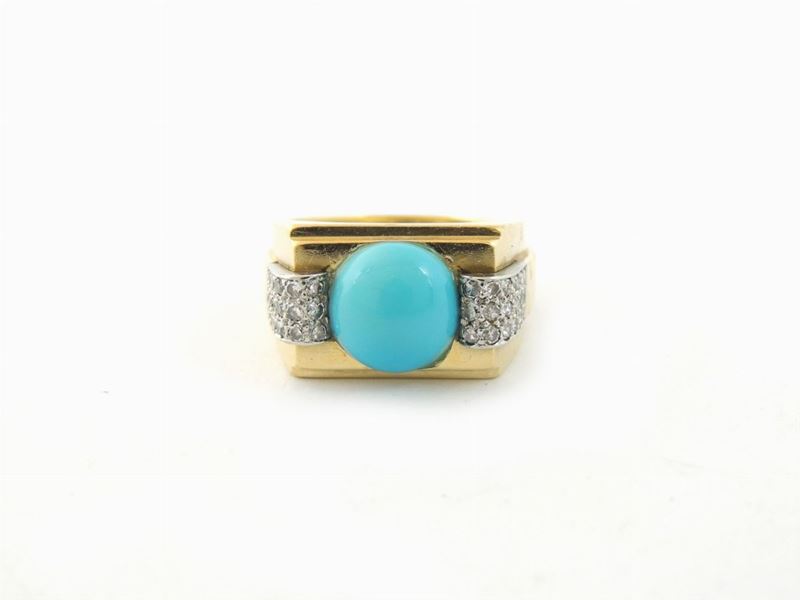 Anello a Fascia in Oro Giallo con Turchese e Piccoli Diamanti