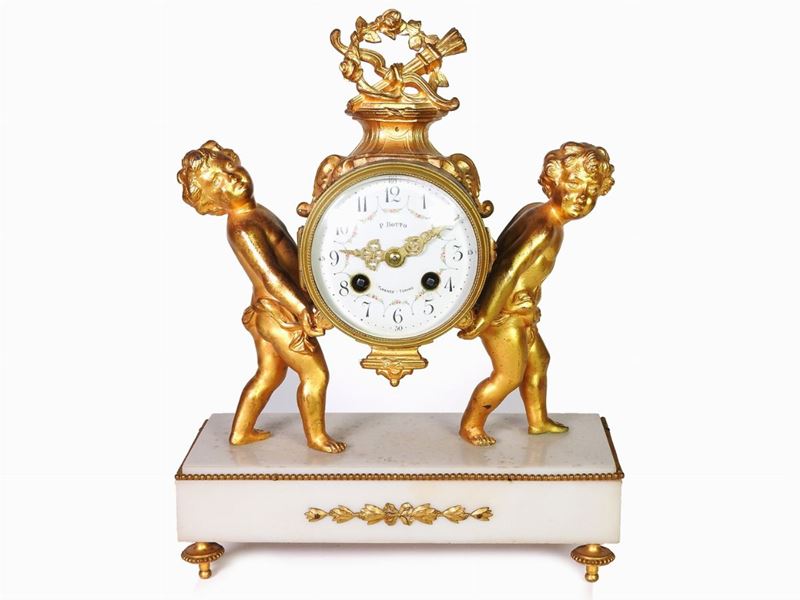 Orologio da Camino in Metallo Dorato e Alabastro