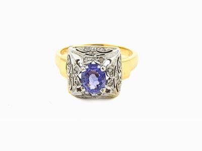 Anello in Oro Bianco e Giallo, Diamanti e Zaffiro