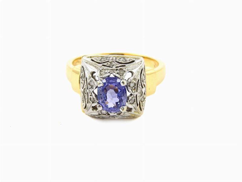 Anello in Oro Bianco e Giallo, Diamanti e Zaffiro