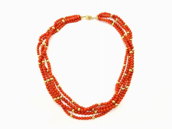 Four strands red coral necklace with yellow gold spacers and clasp