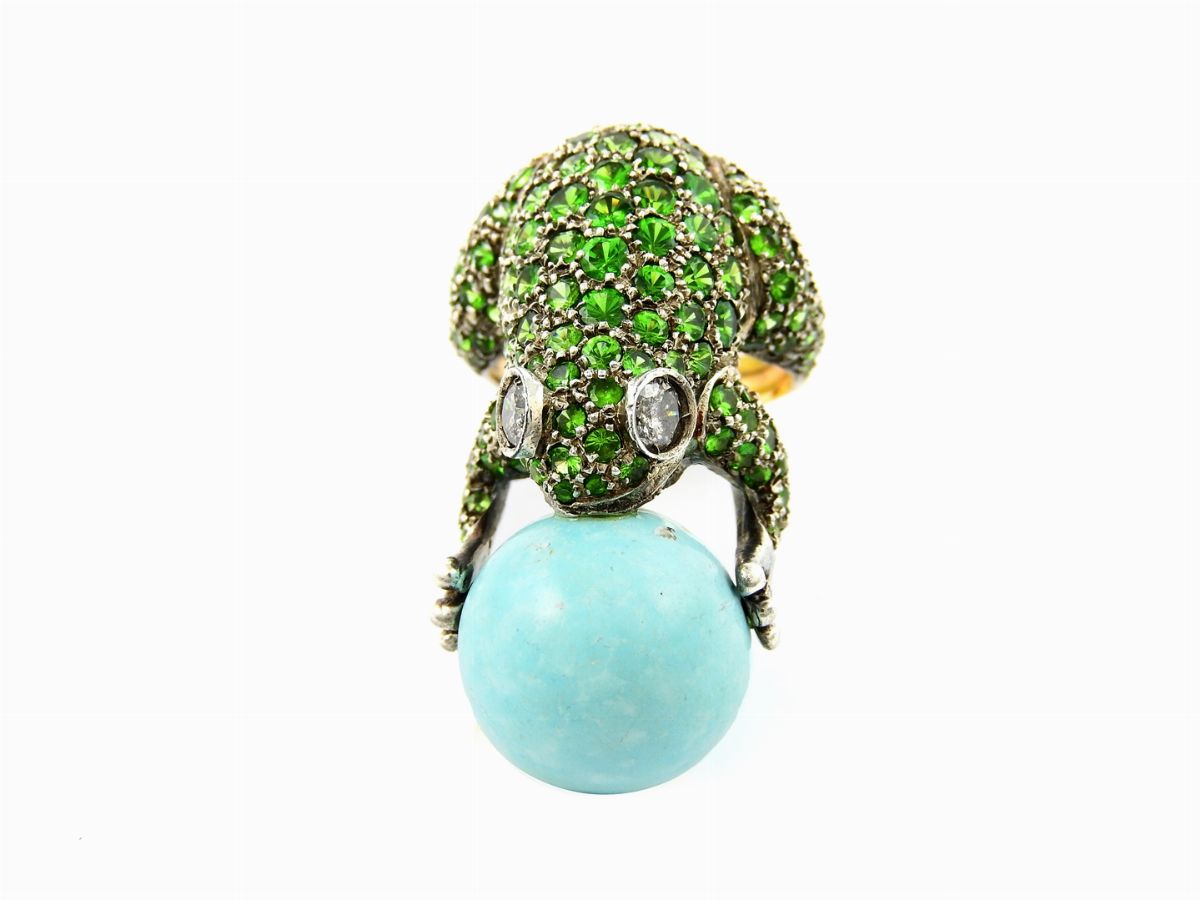 Anello Animalier in Oro Giallo 585/1000, Argento, Diamanti, Granati Tsavorite e Turchese